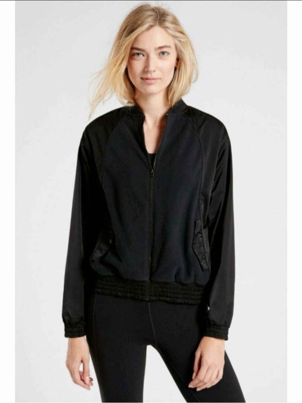 Athleta Zion Bomber Jacket Black Technical Fleece Full Zip Size XS